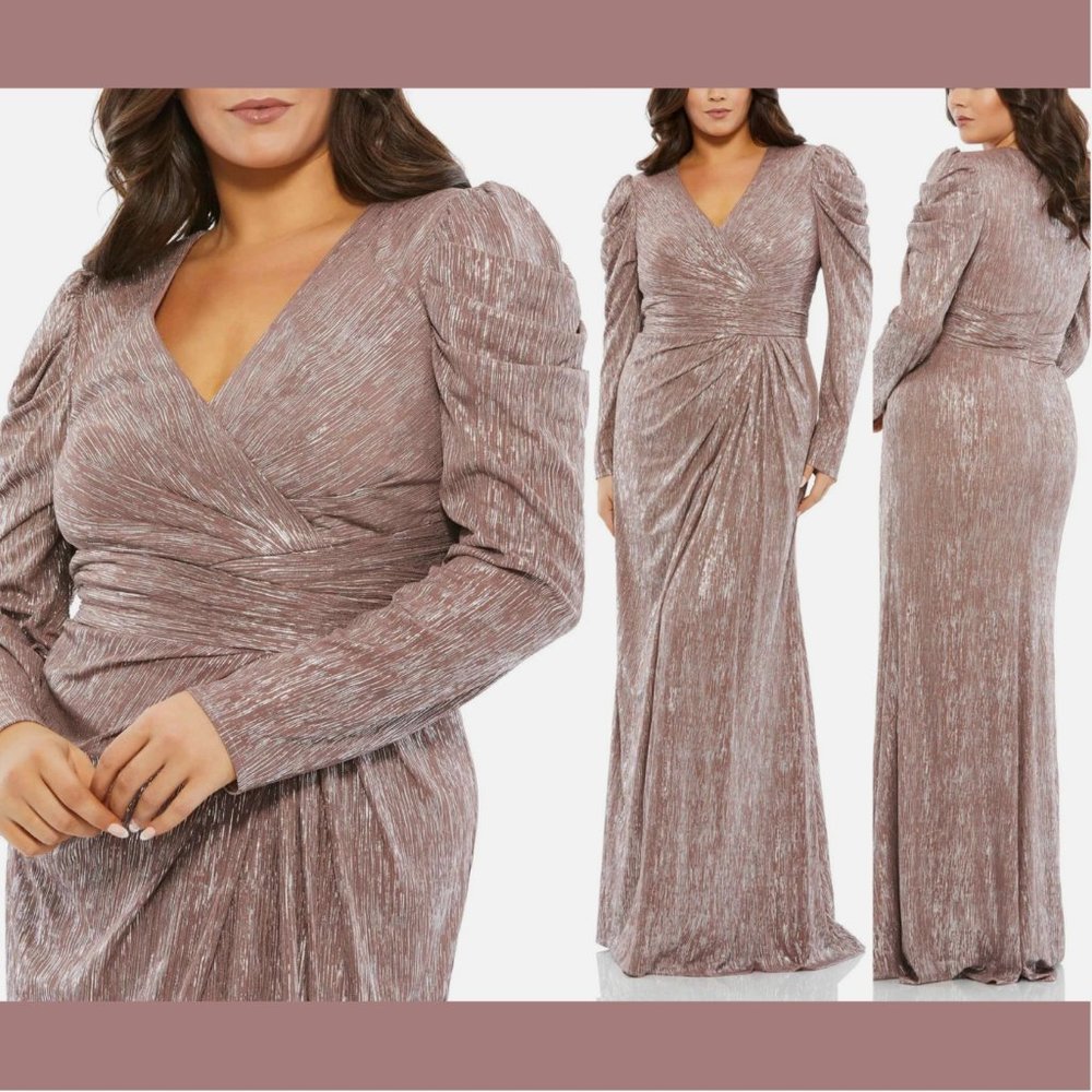 NEW $398 Mac Duggal [ PLUS 16W ] Faux Wrap Draped Puff Sleeve Gown‎ Mauve Silver